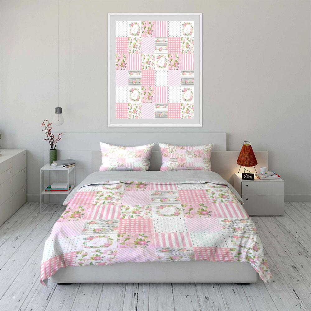 Pink Floral Patchwork Bedding Set 3PCS Sweet Pastoral Style Duvet Cover Pillowcases Soft Polyester Bed Linen for Girls Bedroom