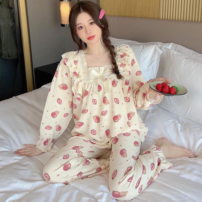 Plus Size Pajama Mujer Cherry Print Sleepwear Kit Long Sleeve TopPants Ruffle Homewear Skin-Friendly Breathable