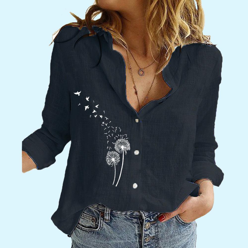 Women Fashion Dandelion Print Shirt Ladies Linen Long Sleeve Top Summer&fall Button-Down Blouses