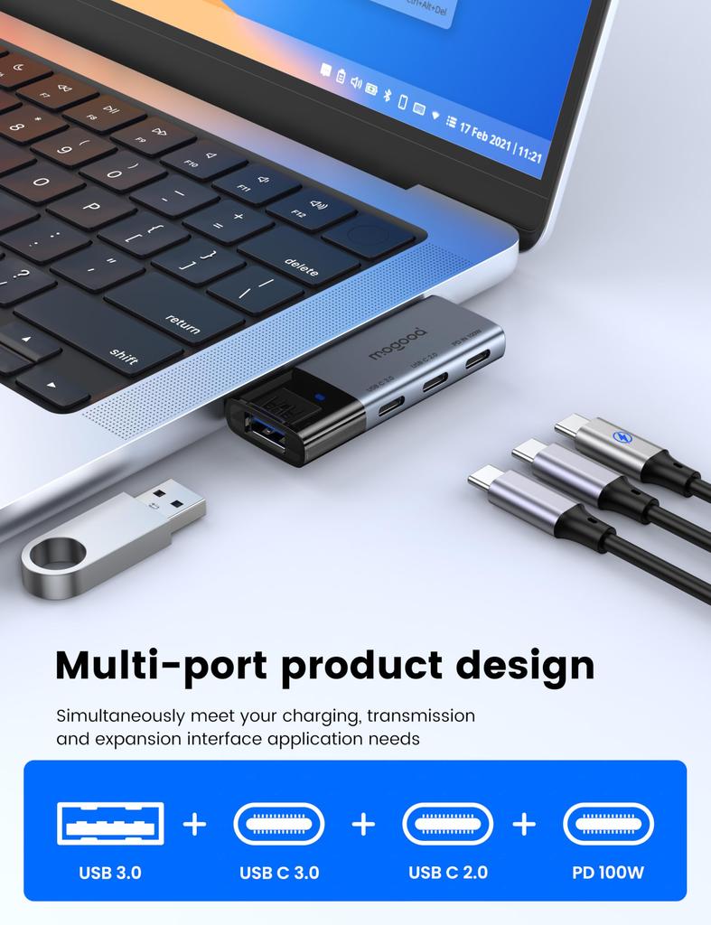 MOGOOD USB C Hub Suitable for Laptop USB C Multiport Adapter Shunt Mini Hub PD 100W Compatible with MacBook Dell XPS Quest 3 4-in-1 C-type C-type