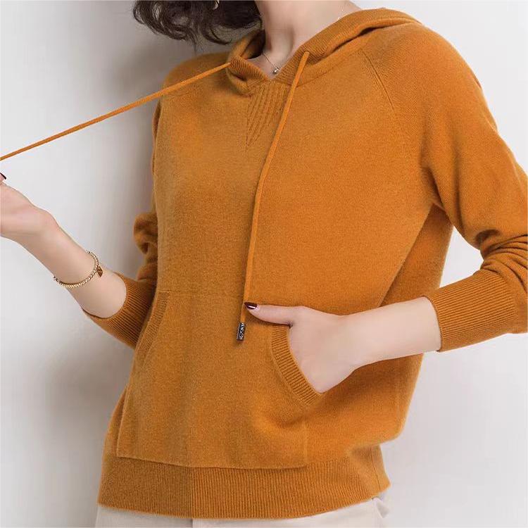 Classic sweater jacket knitted top spring and autumn long sleeves solid color versatile casual shoulder sleeves hooded sweater women's
