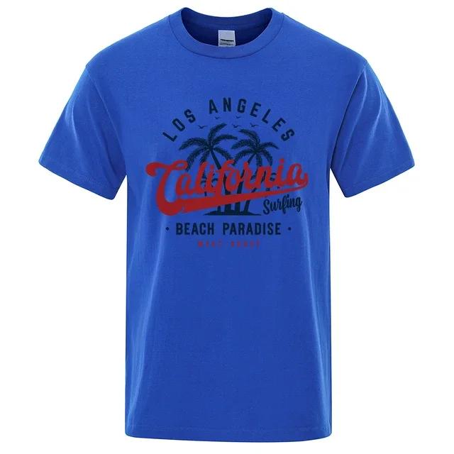 Camiseta de algodão gola redonda maskulina, topy de verão, roupas respiráveis, Los Angeles California Beach Paradise Fashion