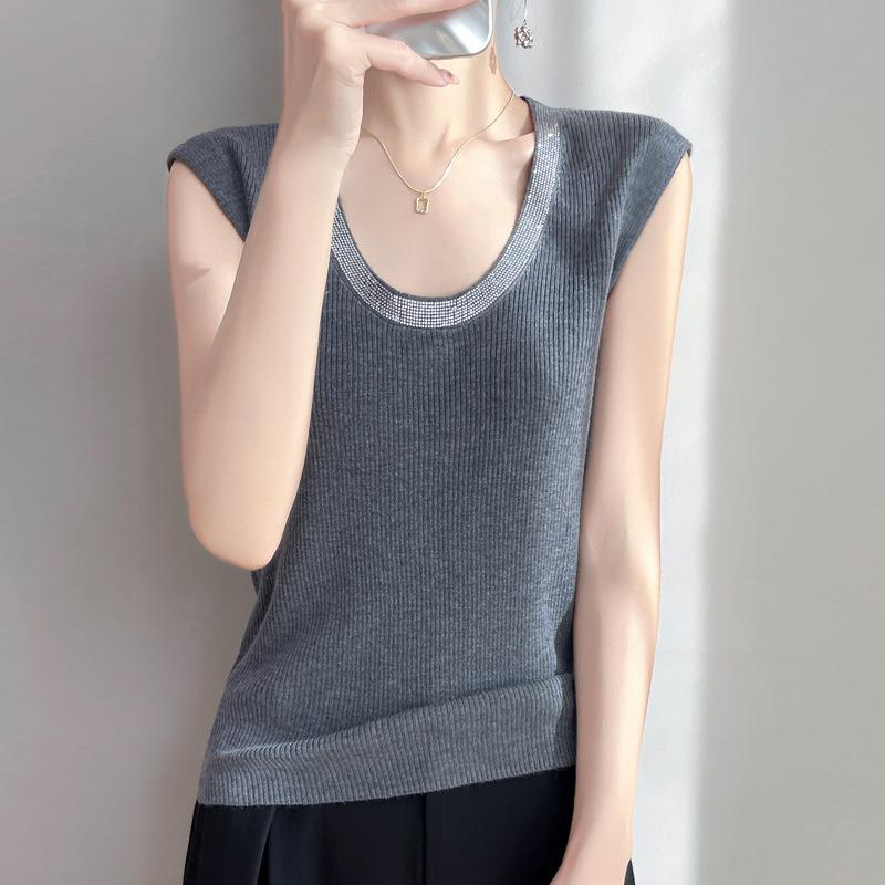 Damen Frühling Neu Kammwolle U-Ausschnitt Rautenstrickweste Locker Ärmellos Einfarbig Kleine Weste