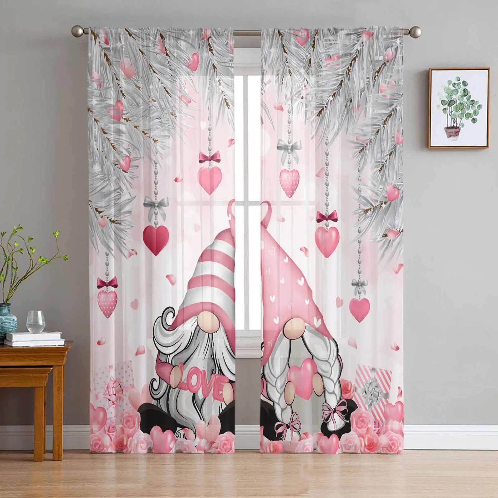 

Valentine S Day Blush Pink Roses Hearts Christmas Gnome Transparent Curtains Perfect for Living Room Decoration Window Panel Curtain Kitchen Netting W135 x H115cm x1&Grommet Top