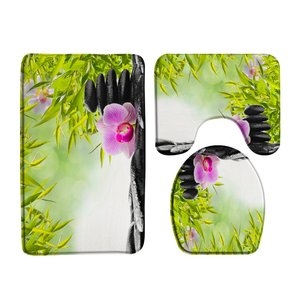 Grüne Pflanzen Bambus Blumen Zen Stein Badezimmervorhang Polyesterstoff Duschvorhänge und Teppiche Toilettendeckel Badematten Set Dekor