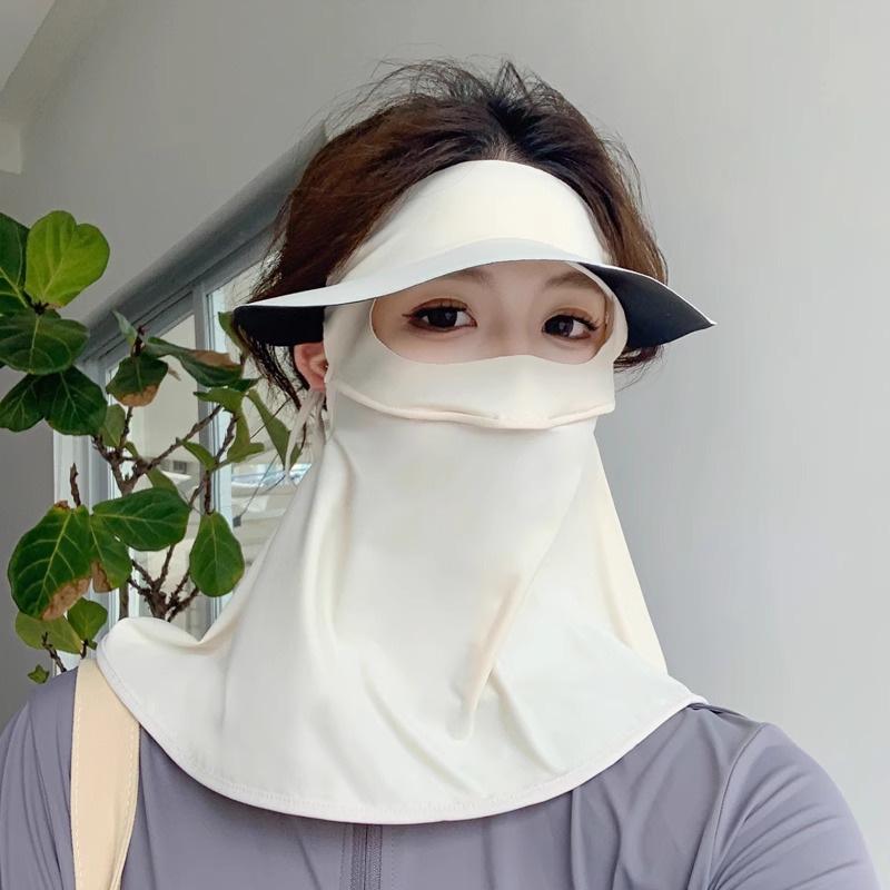 Women's UV Protection Facekini: Removable Ice Silk Mask with Brim, Full Face & Neck Shield.