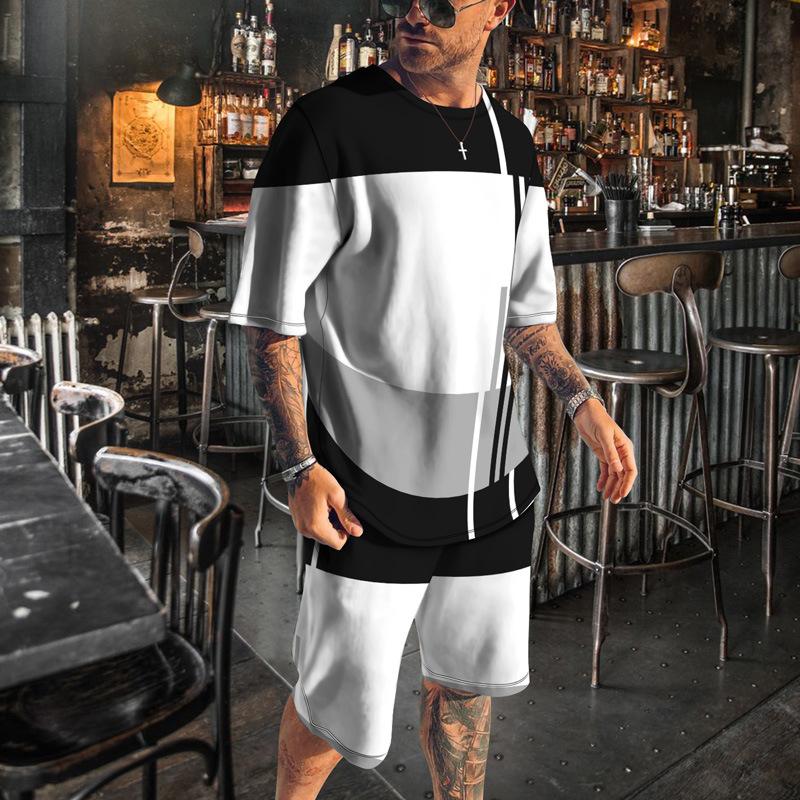 Vintage Casual Clothes Outfits For Men Print Striped Loose T Shirt Suit Oversized  O Neck Summer Tracksuit Streetwear Men's Set