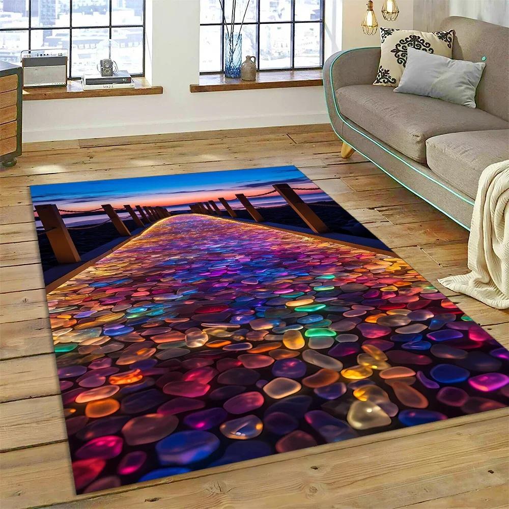2025 New Style Colorful Pebble Rainbow Road Beach Stone Nature Carpet Rug for Living Room Bedroom Home Sofa,Non-slip Floor Mat