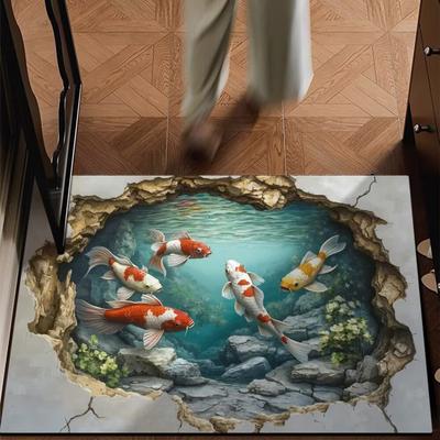 3D Optical Illusion Rug Realistic Pond Fish Door Mat Absorbent Entrance Rug Deep Sea Floor Mat for Bathroom Kitchen Living Room Bedroom