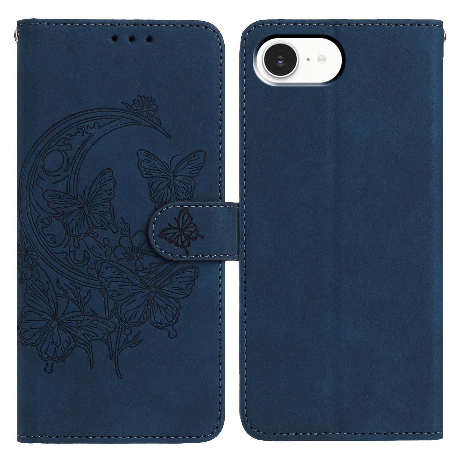 

For iPhone 16e Case Butterfly Flower Imprinted PU Leather Wallet Stand Phone Cover Blue