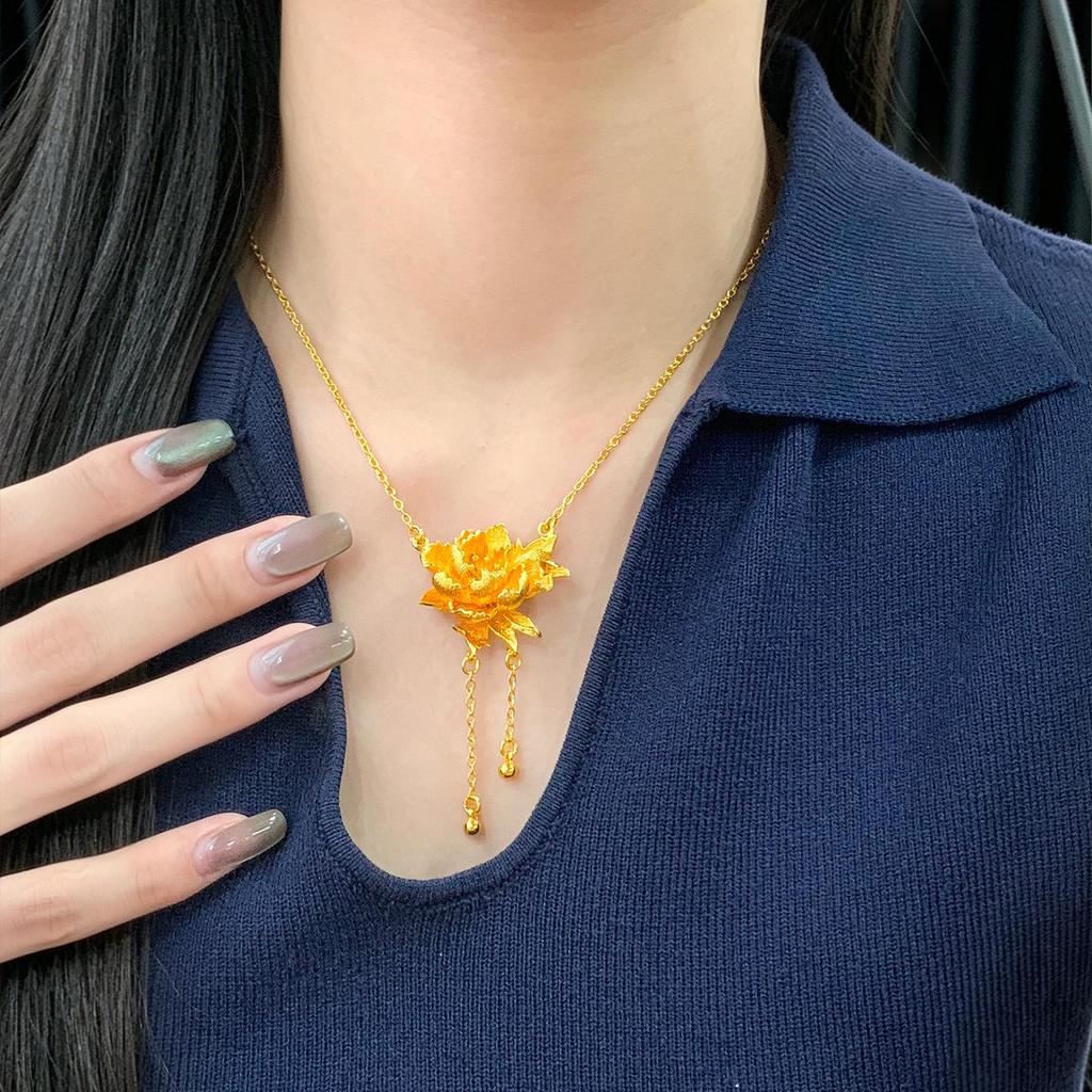 Elegant Peony & Tassel Necklace: Vietnamese Sand Gold, Chinese Style, Three Golds Flower Set for Women's Weddings