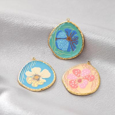 Stainless Steel Retro Cloisonné Flower Pendant Charm Jewelry Accessory