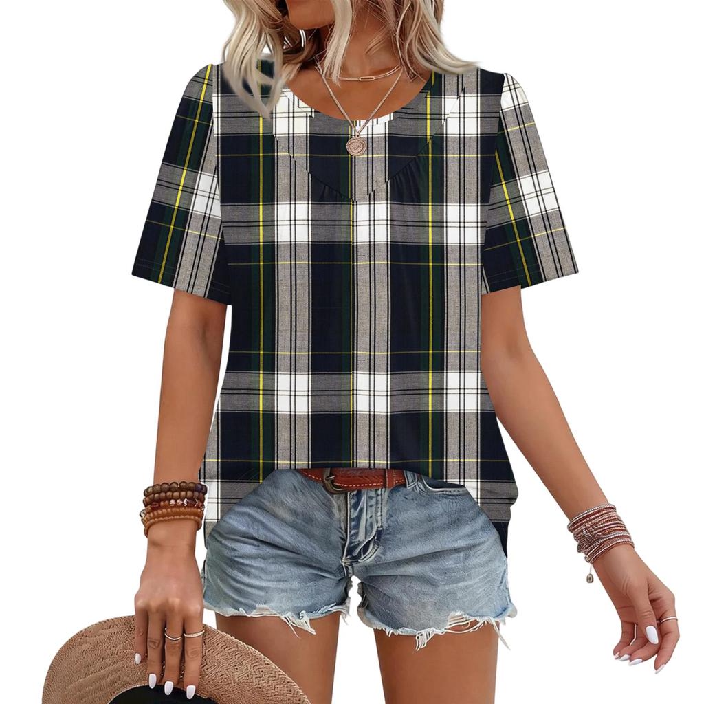 Damen Casual Mode Rundhals Kariert Bedruckt Plissiert Kurzarm T-Shirt Top