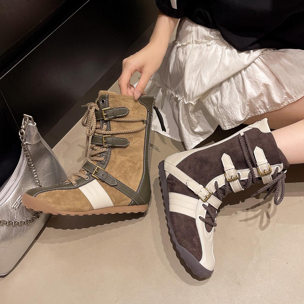 Fashion New Style Fashion Women's Luxury Flat Short Boots Shoes Women Winter Round Head Lace-up Flat Boots Plus Size Zapatos De Mujer