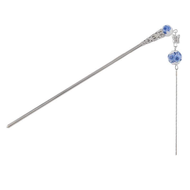 Classical Ceramic Hairpin Set Female Ethnic Style Retro Headdress Plum Blossom Blue and White Porcelain Beads Flower Hairpin Hair Accessories