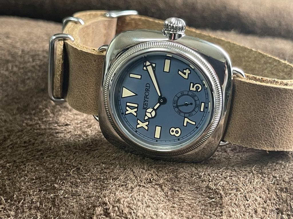 M.R.M.W. Military Watch, California Dial Watch, Smoky Blue, with Brown Crazy Horse Leather Strap