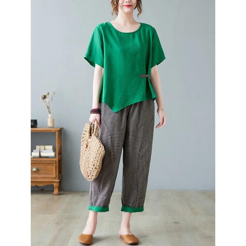 Sets Women Casual T Shirt Ankle Length Pants Summer Vintage Style Loose Pant Suits