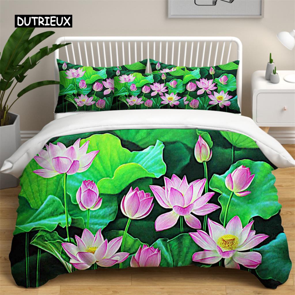 Lotus Floral Duvet Cover King Microfiber Water Hibiscus Bedding Set Flower Leaves Quilt Cover Nature Art Theme Bedspread Cover