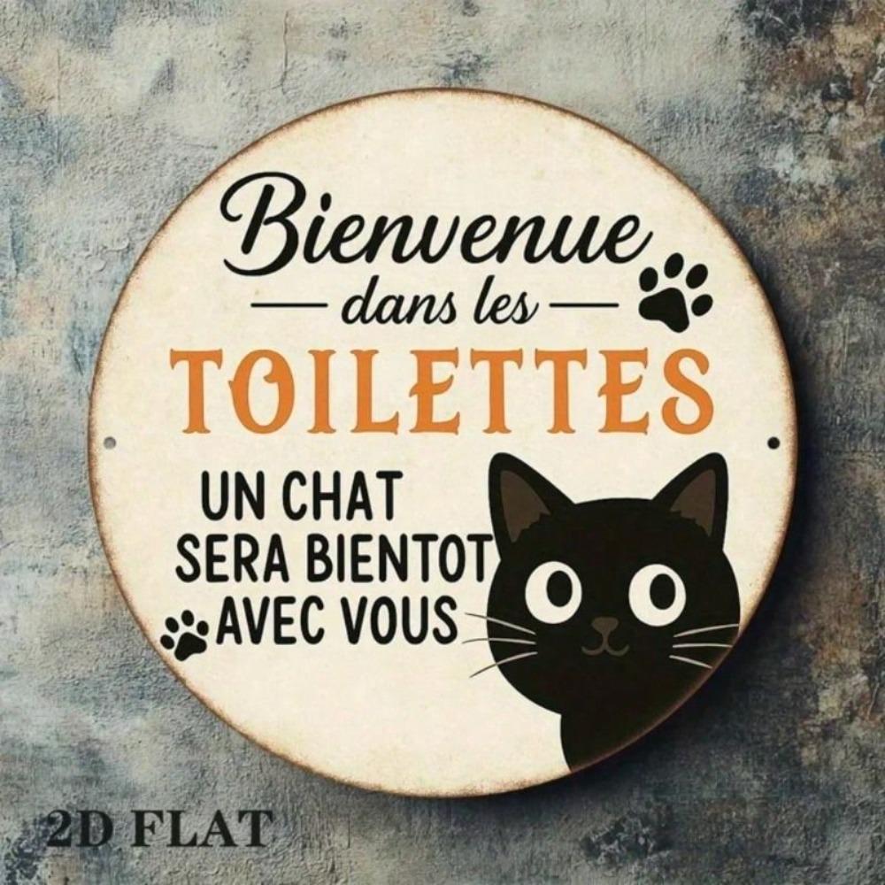 Rustic Round Aluminum Cat Sign for Bathroom, Country Style Decorative Wall Plaque