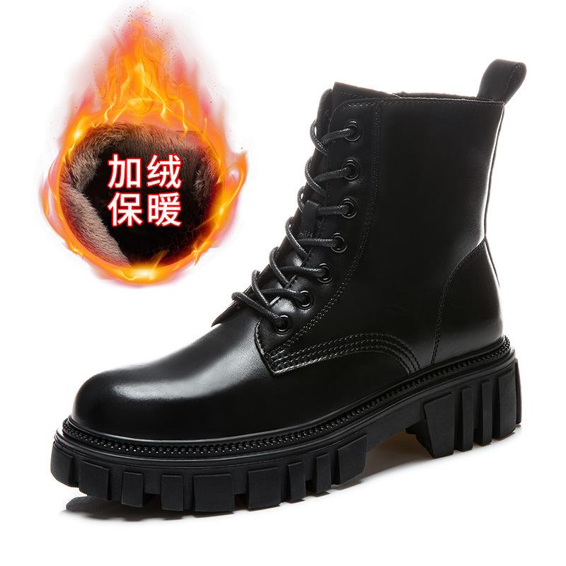 Leather Martin boots women's autumn and winter new thick heel velvet boots women's casual thin boots thick-soled short boots soft