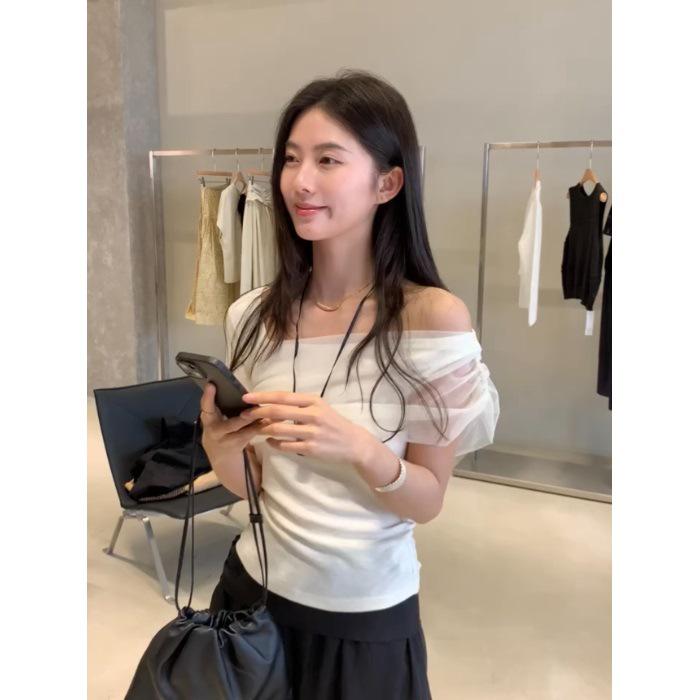 Korean Style Mesh Patchwork One-Shoulder Top: Versatile Summer Blouse for Women Small белый