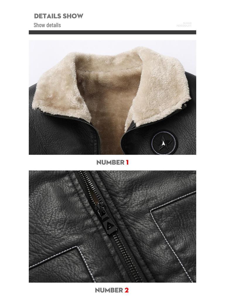 Men's Winter PU Leather Motorcycle Jacket with Lambswool Lining - Korean Style, Windproof, Thickened