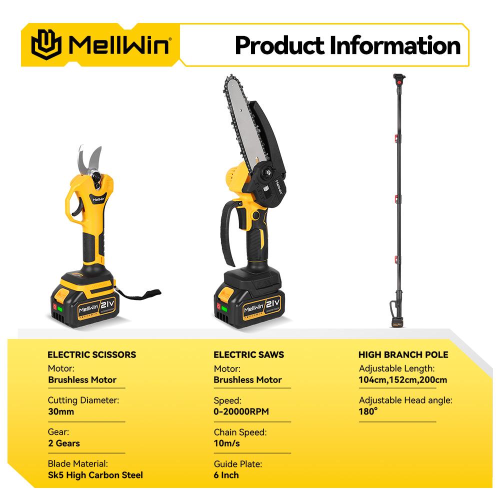 MELLWIN Perche télescopique 200cm Électrique sans balais Tronçonneuse 6 pouces Cisailles pour hautes branches Outil de jardinage pour batterie 18V 21V