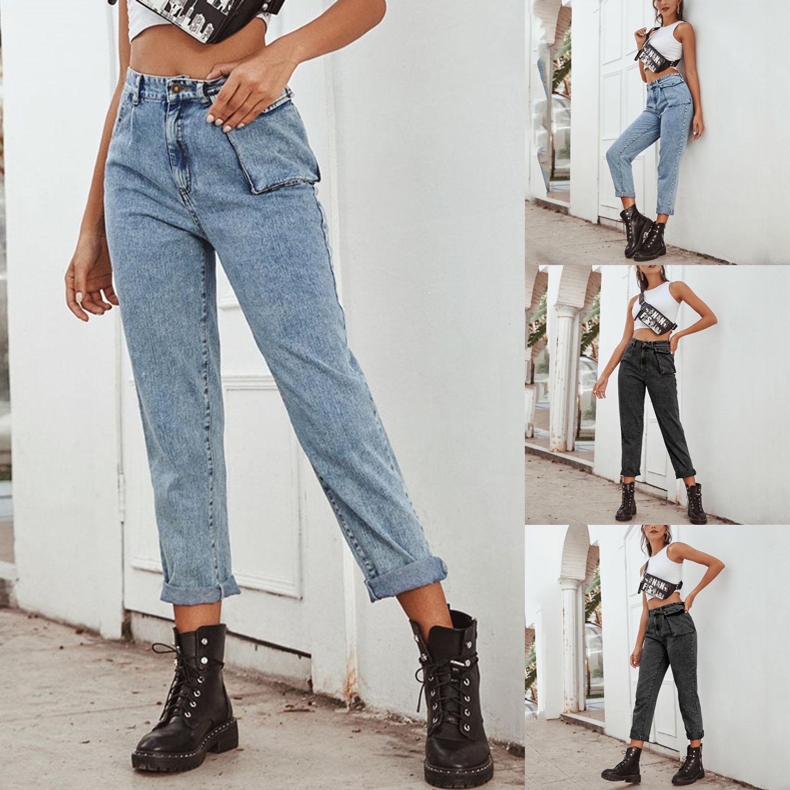 

Женские уличные однотонные узкие прямые джинсы с высокой талией и карманами L синий