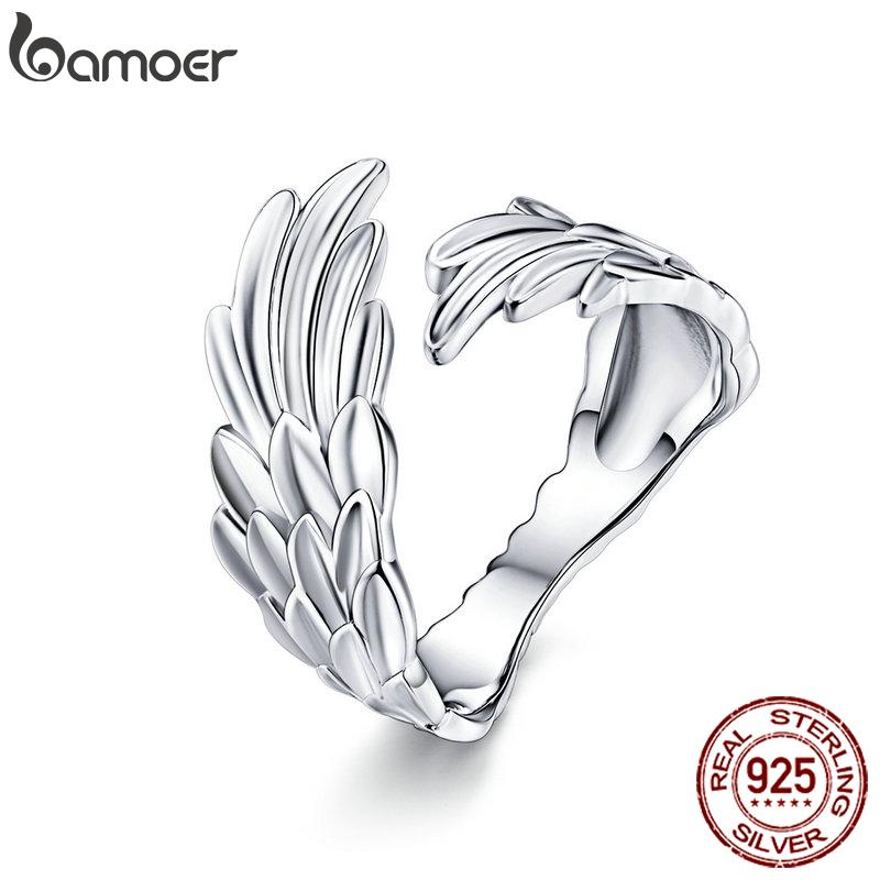 Bamoer 925 Silver Guardian Wings Open Ring Angel Wing Adjustable Finger Ring for Women Fashion Statement Jewelry SCR512