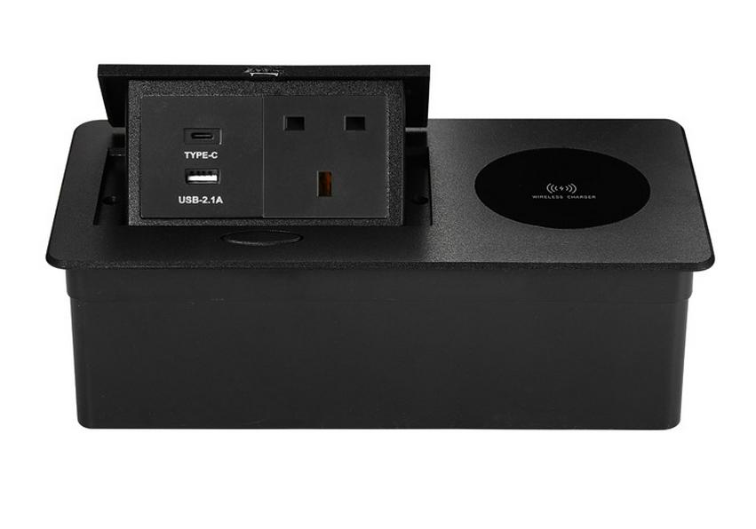 Bezprzewodowe ładowanie Ukryte gniazdko biurkowe z USB-C i opcjami zasilania (Standard UE i USA)