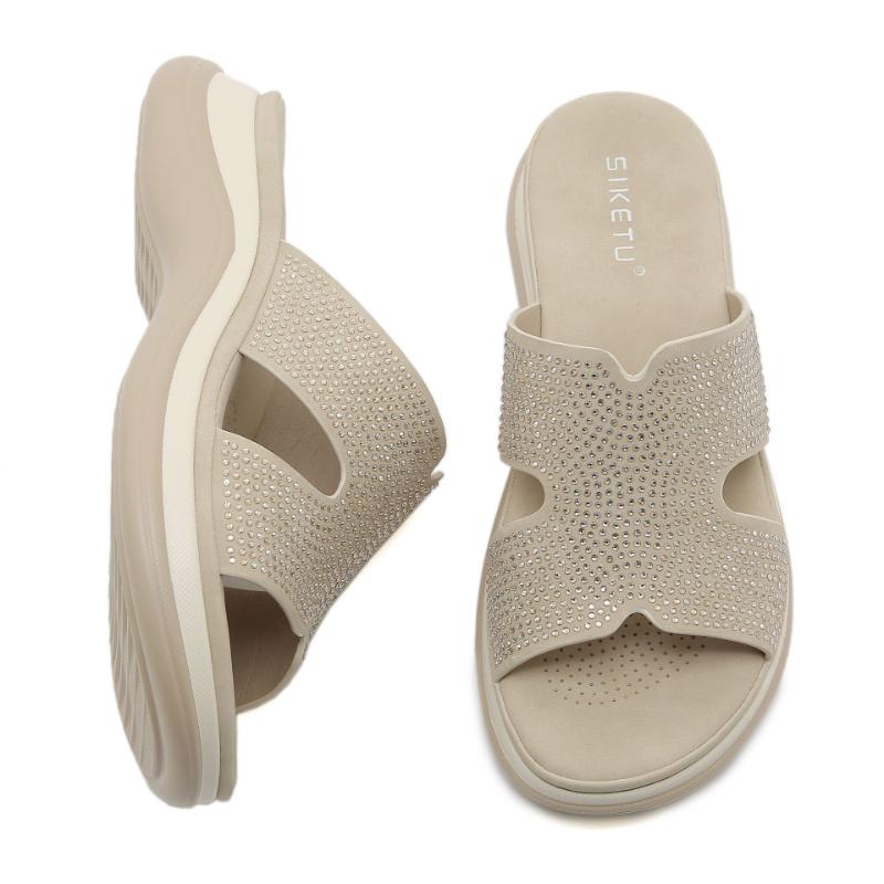 Mode Frühling und Sommer Bequem Atmungsaktiv Lässig Strass Damen Rutschfeste Strand Keilpantoletten Draußen Modisch Tragen