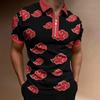 Summer Men's Casual Striped Houndstooth Digital Print T-Shirt Zipper Polo Shirt
