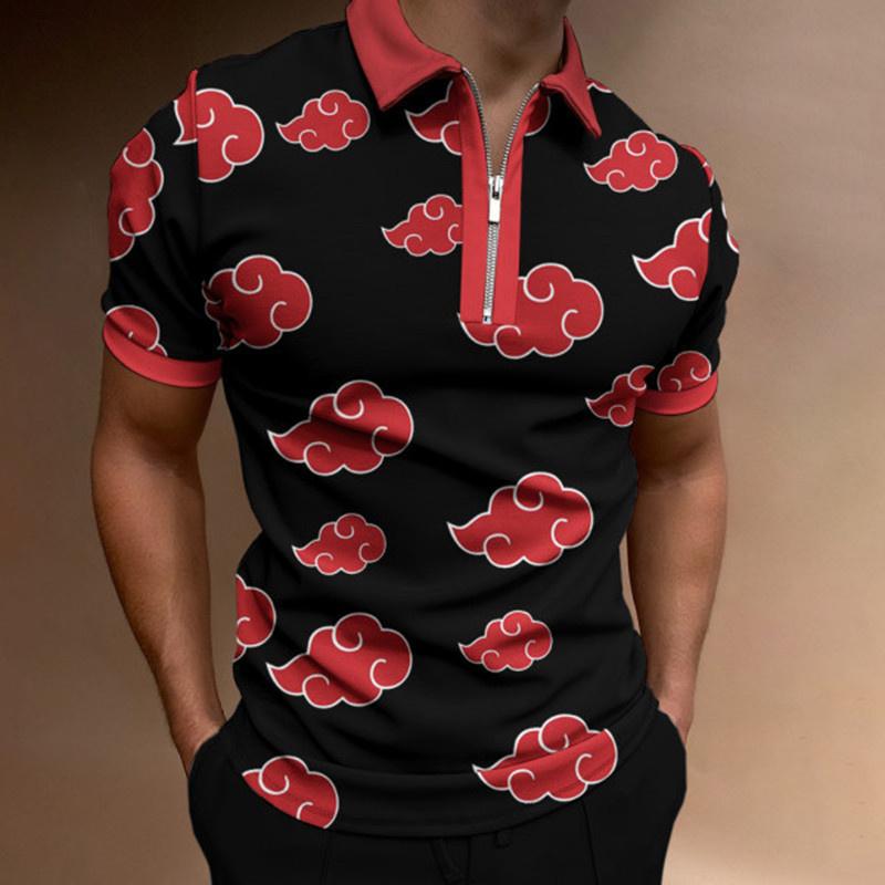 Summer Men's Casual Striped Houndstooth Digital Print T-Shirt Zipper Polo Shirt