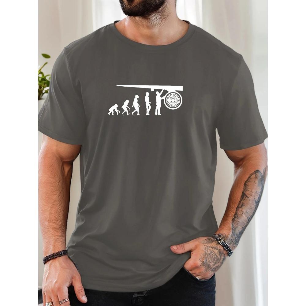 Male Human Evolution and Cannon Pattern Summer Casual Crew Neck Short T-Shirt