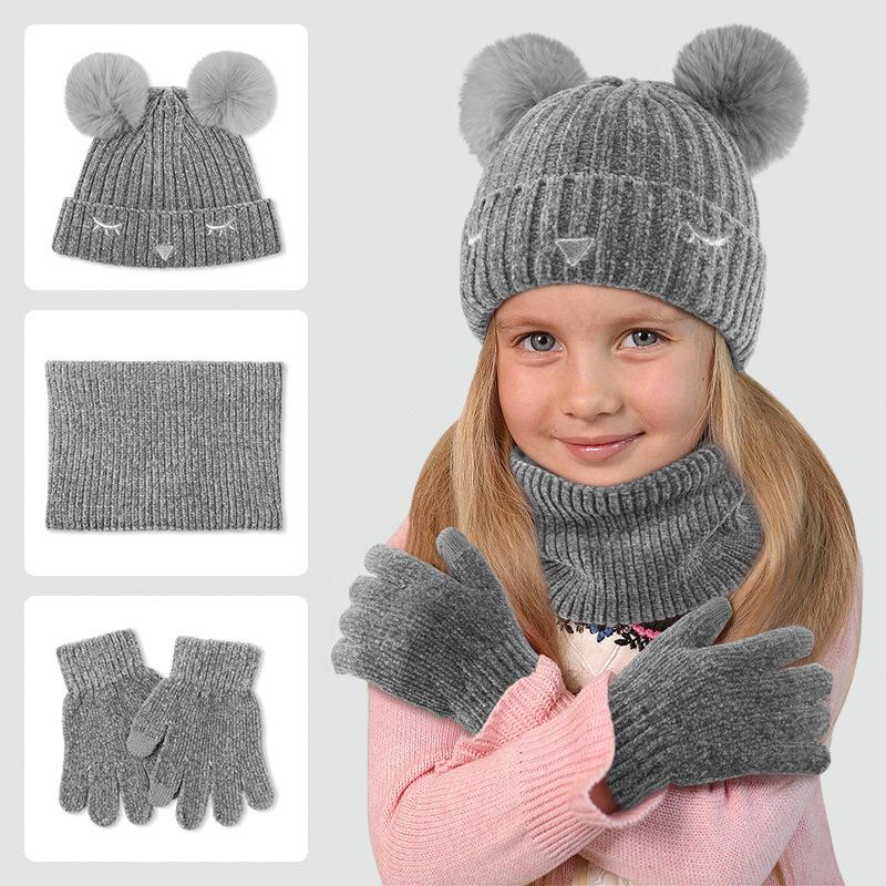 Children's Hat Scarf Gloves Three Piece Set Northern Winter Double Layer Cold Proof Knitted Hat Boys and Girls Scarves Three Piece Set
