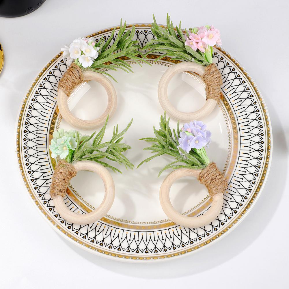 Floral Napkin Rings Artificial Rosemary Napkin Rings Farmhouse Wooden Napkin Holders Rustic Faux Flower Rings for Wedding Dining