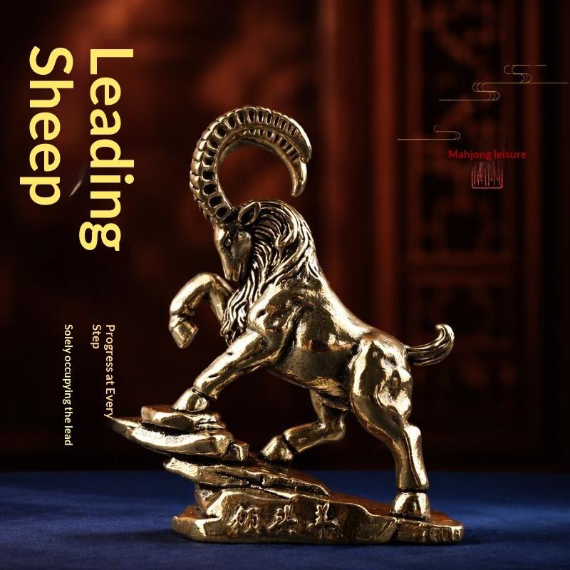 2027 Chinese Zodiac Goat Brass Figurine Polished Handmade Lucky Sheep Statue Ornament for Living Room Shelf Decor New Year Gift