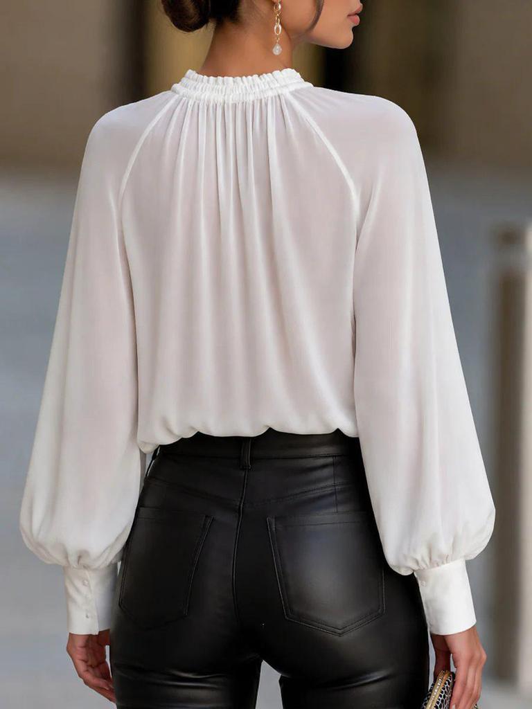 2026 European Lantern Sleeve Lace-Up Women's Shirt - French Style, White, Elegant Commute Top