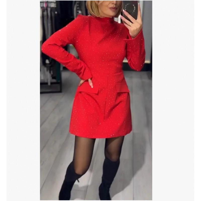 Womens Slim Fit Knit Dress With Rhinestone Embellishment Round Neck Long Sleeve Bodycon Midi Office Casual Wear