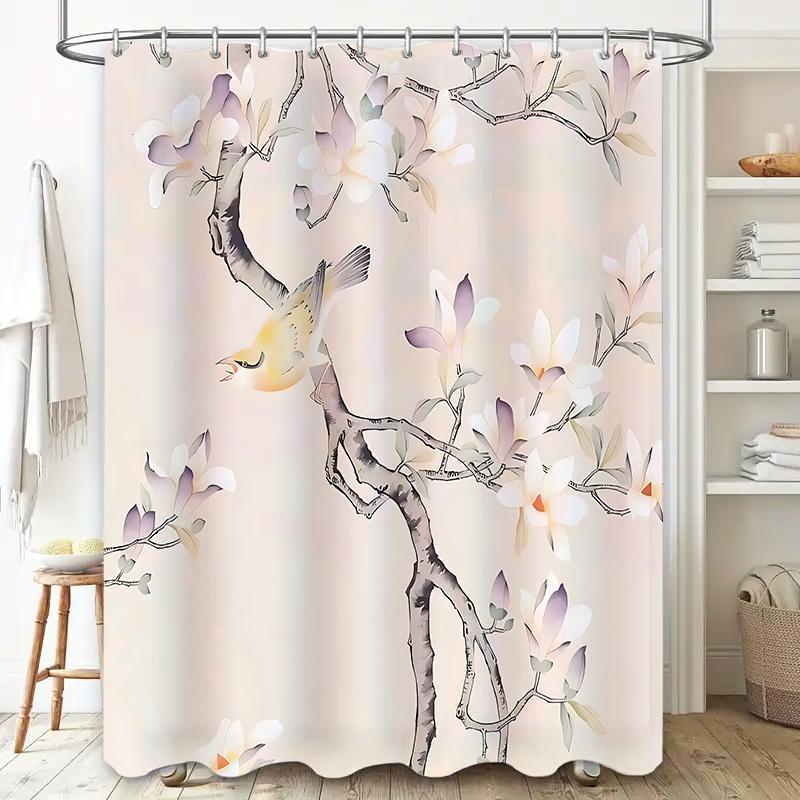 

Elegant Chinese Style Bird And Flower Shower Curtain Waterproof Fabric Privacy Screen For Bathroom Decor With Hooks Easy-Clean W60H190(CM)-1 Pcs