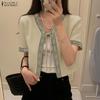 ZANZEA Women Lace-up Open Front Casual Short Sleeve Cardigan Blouse