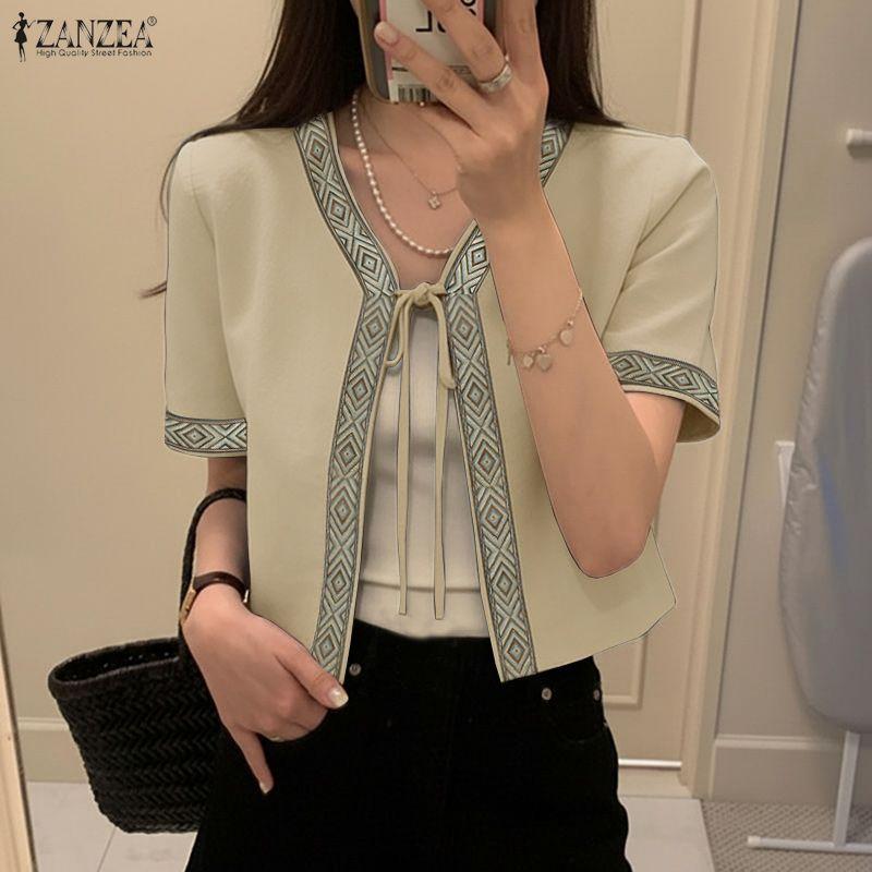 ZANZEA Women Lace-up Open Front Casual Short Sleeve Cardigan Blouse