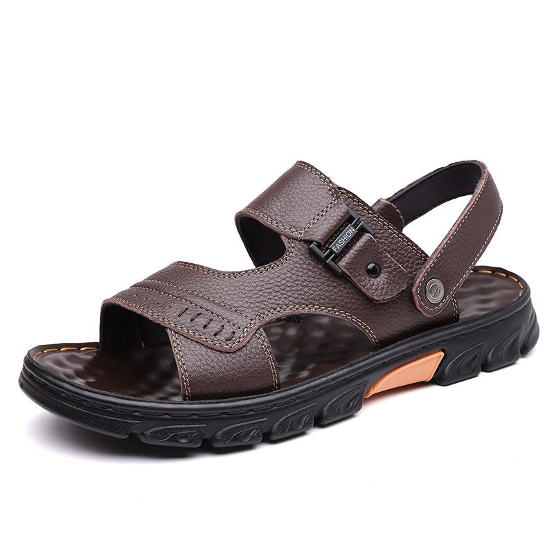 First layer cowhide sandals summer new men's platform non-slip shoes driving middle-aged cool slippers 2025