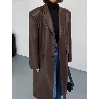 Women's Over-the-Knee PU Leather Windbreaker: Spring/Autumn 2024 Fashion, Versatile, Slim-Fit, Casual Style.