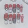 Elegant Nude Pink Rhinestone Nail Art Stickers with 3D Flowers & Bow - Handmade, French Style Wearable Nails.