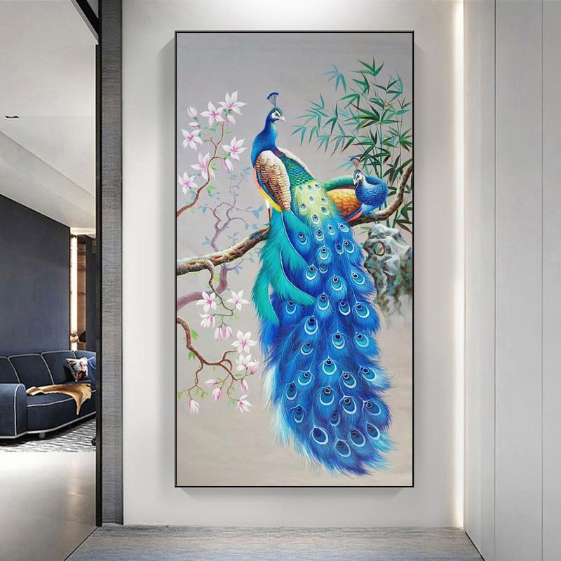 New Chinese Style Light Luxury Peacock Phoenix Canvas Painting Wall Art Abstract Golden Animal Posters for Porch Room Wall Decor