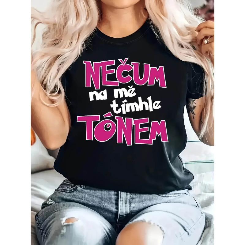 

Women s Czech Attitude Letter Print Tee Crew Neck Short Sleeve Spring Summer Casual Top S чёрный