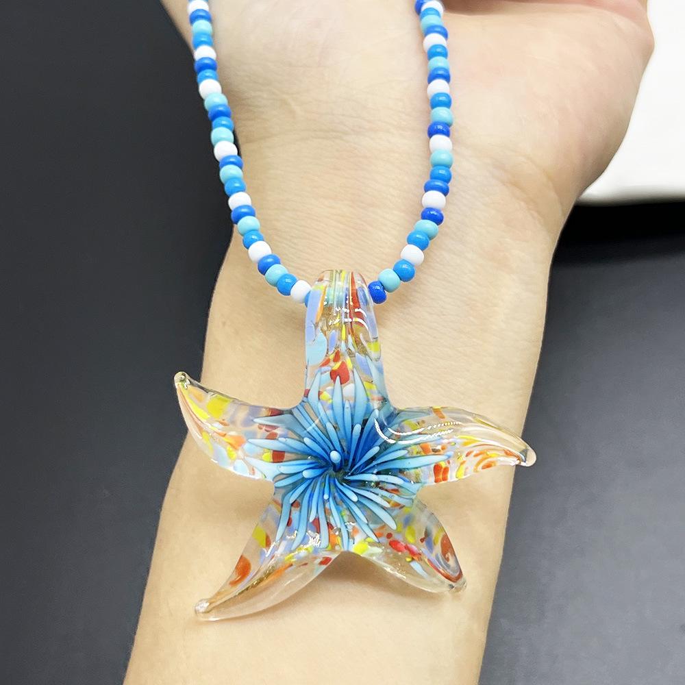 Blue Series Glass Rice Bead Necklace with Flower, Heart, and Starfish Pendants