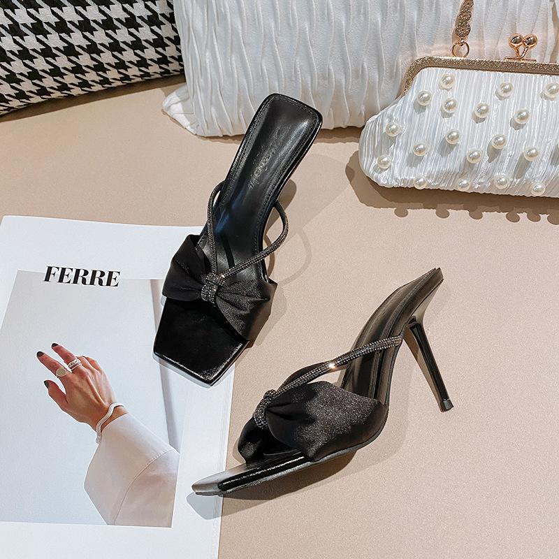 

Poplar woods rhinestone square head satin high heel slippers celebrity temperament thin heel champagne cross word with sandals woman 40