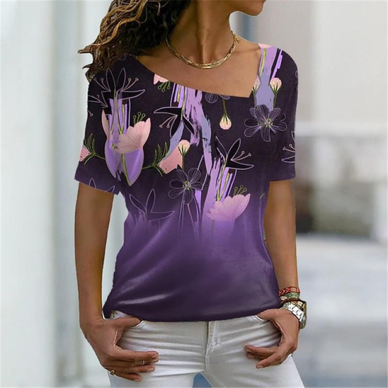 Šikmý límec Květinový Digitální 3D Tisk Harajuku Dámské Tričko Krátký Rukáv Letní Neformální Personalizované Dámské Vrchní Oblečení